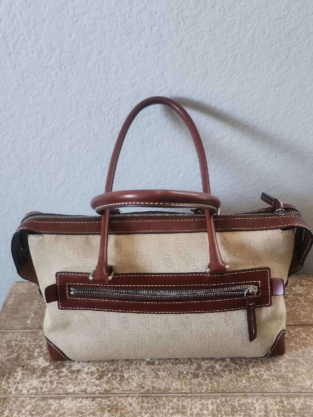 Dooney & Bourke Cream Canvas Satchel with Brown Leather Trim and Front Pockets - Picture 4 of 11